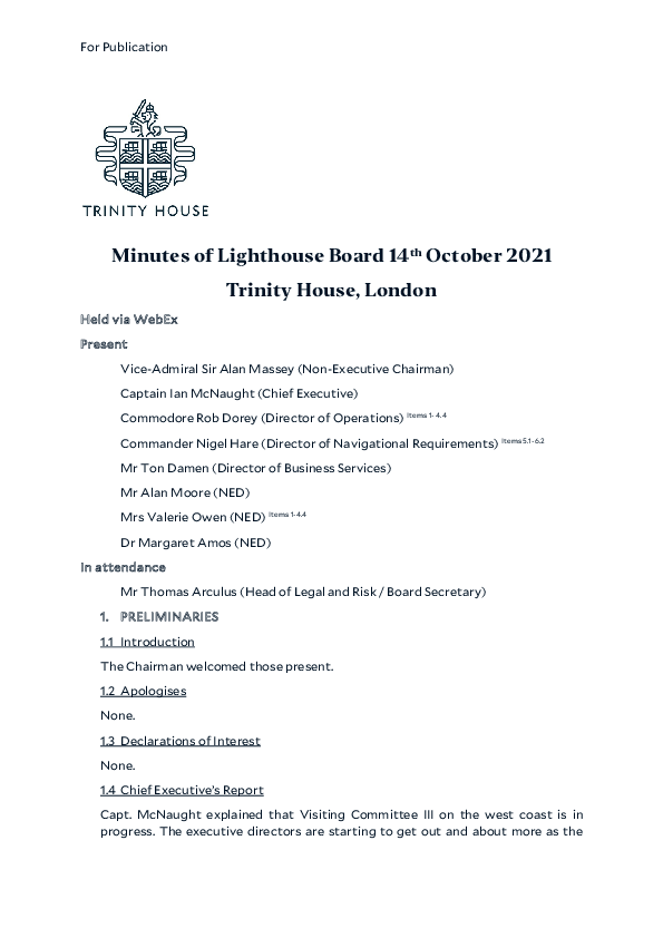 Minutes of Lighthouse Board 14 October 2021